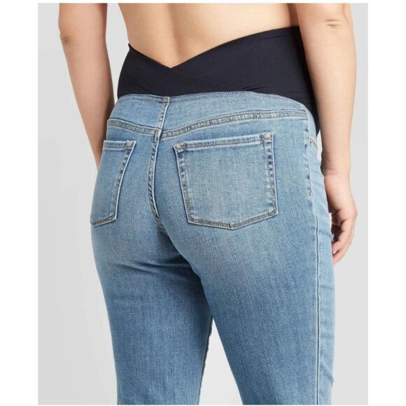Isabel Maternity Over Belly Cropped Distressed Straight Maternity Jeans Blue 14 - Picture 4 of 12